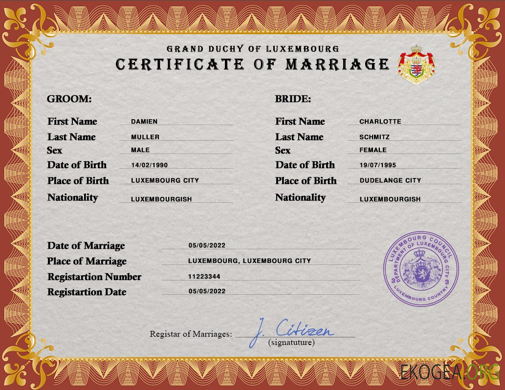 Modèle PSD de certificat de mariage luxembourgeois